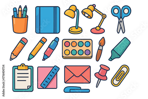 Colorful office supplies icons set for creative workspaces. Vector cartoon illustration of school stationery. Business and education tools, pen, pencil, lamp, scissors, notebook.
