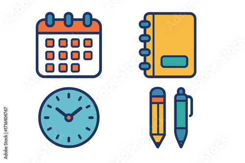 Office icons set vector illustration. Business planning and time management concept. Calendar schedule, clock deadline, notebook notes, pen and pencil for writing. Stationery.