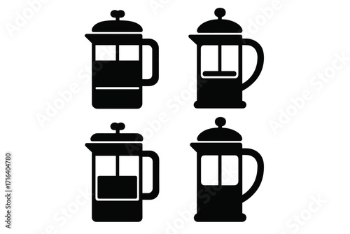 French press coffee maker silhouette icon set. Vector collection of simple black style coffee brewing equipment. Utensil for cafe and kitchen illustration. Cafetiere symbol.