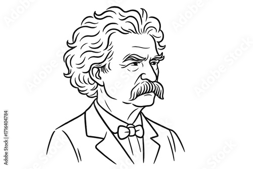 Mark Twain vector line art portrait. Samuel Langhorne Clemens, famous American author and humorist. 19th-century writer, literary figure head sketch illustration concept.