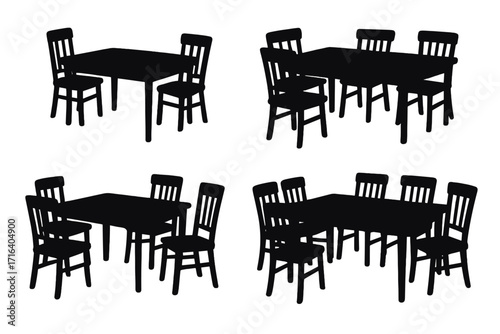 Dining table and chairs silhouette set in various arrangements. Vector furniture for kitchen, home, or restaurant interior design. Black dinner table collection illustration.