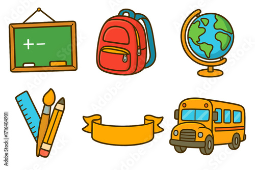 School icon set for education. Colorful cartoon vector illustrations. Includes blackboard, backpack, globe, bus, pencil, and banner. Back to school classroom theme design element.