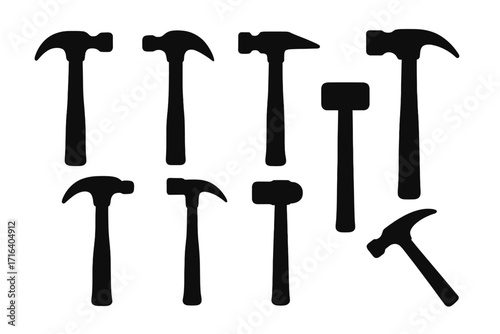 Hammer silhouette set, black tool icons for construction & carpentry design. Vector illustration of a toolkit. Handyman repair equipment symbols for DIY building & workshop.