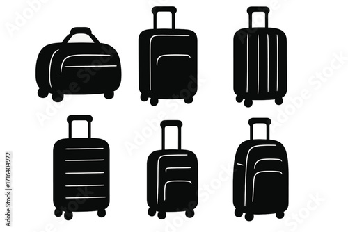 Luggage silhouette set with various travel bag and suitcase icons. Vector illustration collection of black baggage shapes, including trolley and carry-on for vacation or tourism concepts.