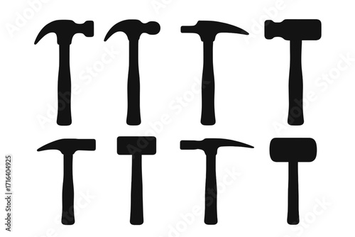 Hammer set silhouette icon collection. Black tool vector icons for construction and carpentry. Claw, sledgehammer, ball-peen hammer for repair and workshop design element.