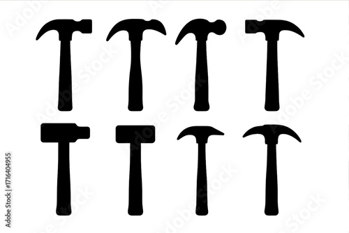 Hammer silhouette set. Black tool icons for construction and carpentry. Vector illustration. Claw hammer, sledgehammer, ball peen. Repair, build, DIY, workshop concepts.