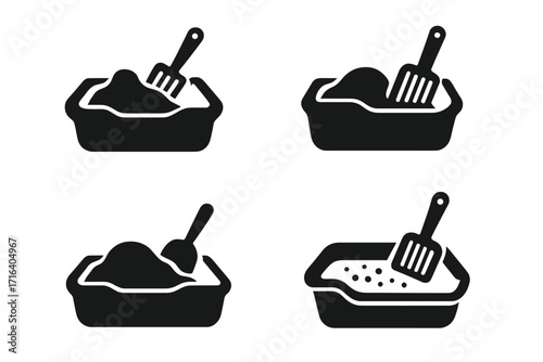 Cat litter box icon set with scoop silhouettes. Vector graphic for pet care, hygiene, and cleaning concepts. Feline toilet, poop scoop, and pet supplies design elements.