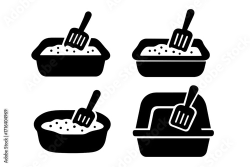 Set of cat litter box silhouette icons with scoops. Pet care hygiene concept. Feline toilet tray illustration. Cleaning cat poop and domestic animal waste. Vector symbol.