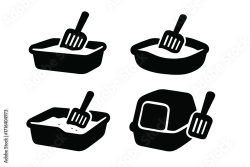 Set of cat litter box silhouette icons with scoops for pet care. Vector illustration of kitty toilet trays, open and covered boxes. Feline hygiene and cleaning concept.