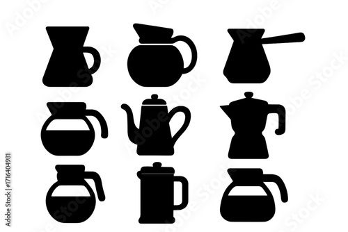 Coffee pots and makers silhouette icon set. Vector collection of various brewing methods like moka pot, french press, pour-over, and carafe. Cafe and kitchen symbols.