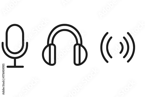 Audio icons set. Minimalist line art microphone, headphones, and sound wave symbols. For podcast, streaming, voice recording, music, radio, and communication concepts. Vector.