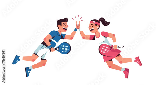 Two happy cartoon padel players, a man and a woman, jumping and giving a high-five in celebration after a match.