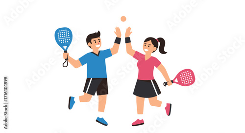 A man and a woman playing padel tennis, celebrating with a high five after a successful shot.