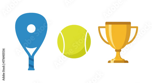 A blue padel racket, a yellow tennis ball, and a gold trophy cup arranged side by side on a white background.