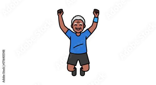 An elderly person with gray hair, wearing a blue t-shirt and black shorts, is joyfully jumping with their arms raised in celebration.