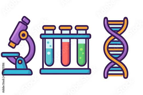 Vector science icon set. Includes microscope for research, lab test tubes for chemistry experiments, and DNA helix for genetics or biology. Flat cartoon laboratory symbols.