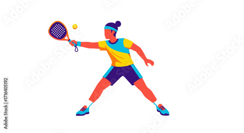 Vector illustration of a female athlete in colorful sportswear playing padel tennis against a white background.