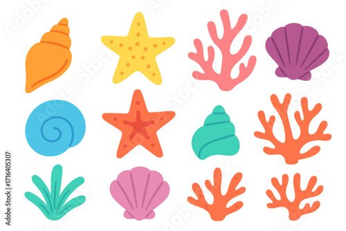 Sea life collection vector. Colorful seashell, starfish, coral icons set. Marine underwater elements. Ocean nature flat cartoon illustration. Aquatic summer beach symbols pack.