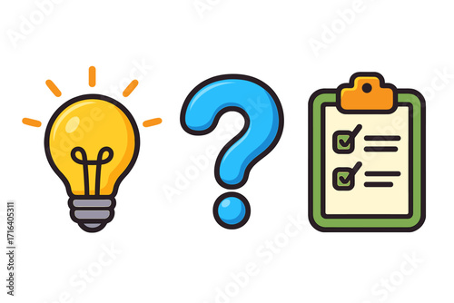 Creative process icon set. Idea lightbulb, question mark, solution checklist. Problem solving from question to answer. Business planning strategy. Cartoon vector icons.