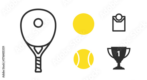 A collection of sports-related icons including a paddle, tennis ball, trophy, and net, representing racket sports and competition.