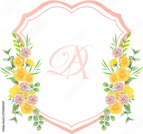 A beautiful hand drawn watercolor floral crest featuring delicate pink and yellow flowers and green leaves, framing a stylized letter A D on a white background.