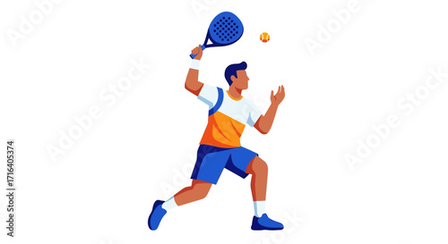 Illustration of a man playing padel, swinging the racket, and hitting the ball during a match.