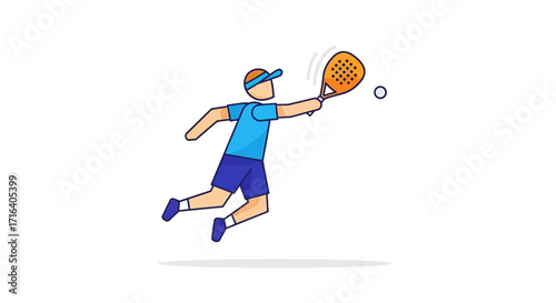 Cartoon illustration of a male athlete in mid-air hitting a ball with a padel racket.