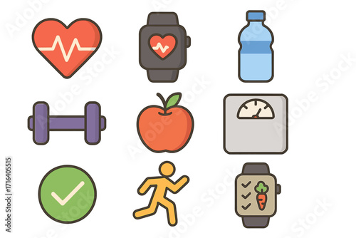 Health and fitness icon set. Healthy lifestyle concept with sport and diet symbols. Vector illustration of workout, heart rate, running, nutrition, and weight loss.