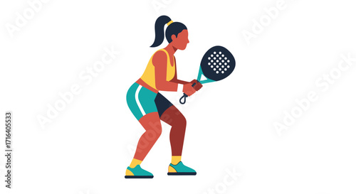 A woman in athletic wear playing padel with a racket and ball.