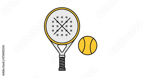 Illustration of a yellow and gray padel racket with a yellow ball on a white background.