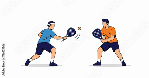 Two men playing padel tennis with rackets and a ball.