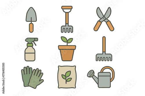 Garden tools icon set for horticulture. Vector illustration of gardening equipment. Minimalist cartoon icons of spade, rake, pot, plant, gloves, shears, and watering can.