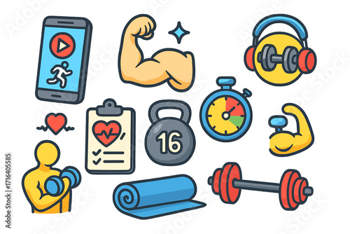 Fitness workout icon set for training programs and apps. Vector cartoon illustration of gym equipment, muscle, cardio, and health symbols. For sport and exercise design.