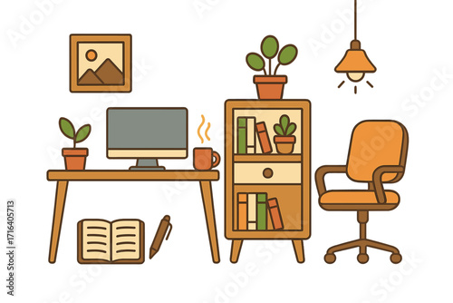 Cozy home office essentials in flat design style. Vector cartoon illustration of a modern workspace interior. Remote work, freelance lifestyle concept with furniture set.