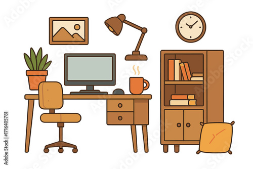 Home office essentials for remote work. Cozy workspace interior with desk, chair, computer, and lamp. Modern flat design cartoon vector illustration set on transparent background.