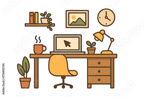 Cozy home office workspace for remote work or studying. Modern flat design vector illustration of a comfortable workplace with desk, laptop, chair, plants, and essentials.