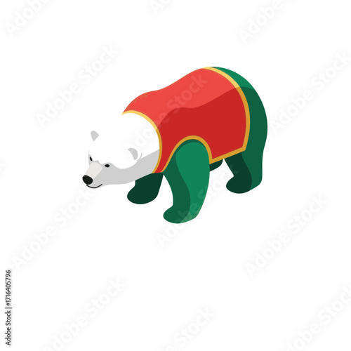 Polar bear in colorful costume standing on white background  