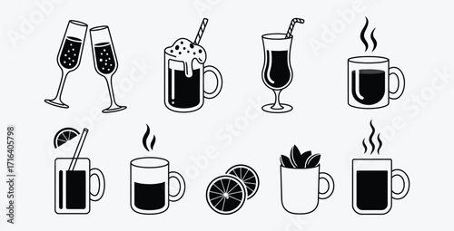 Various drinks in glasses and mugs black and white illustration