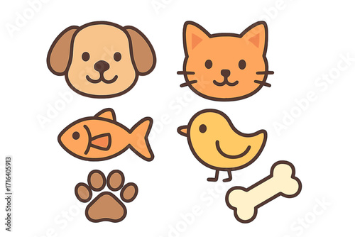 Cute animal pet icons set. Dog, cat, bird, fish character collection. Paw print and bone symbols. Flat cartoon vector illustration for veterinary or pet shop logo design.