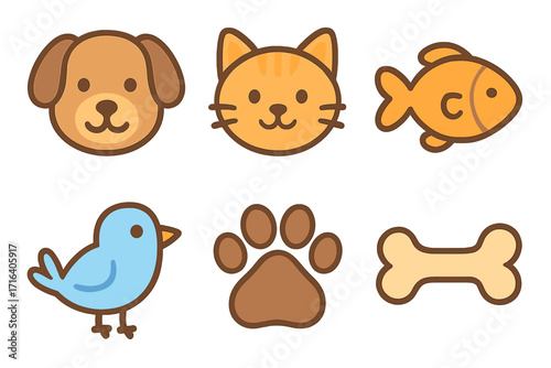 Cute pet animal icon collection. Vector cartoon set with dog, cat, fish, bird, paw print, and bone. Flat design illustration for pet shop, veterinary, or animal care concepts.