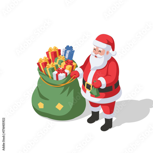 Santa Claus holding a green sack filled with colorful gifts  