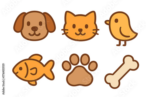 Pet care icon collection. Cute animal faces including dog, cat, bird, fish. Flat vector symbols like paw print and bone. Simple cartoon elements for veterinary or logo design.