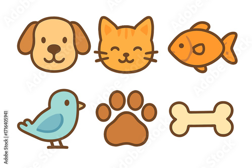 Cute animal icons set with dog, cat, fish, bird, paw print, and bone. Vector cartoon illustration in flat style. Pet shop, veterinary, and animal care concept symbols.