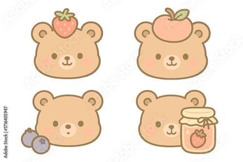 Kawaii bear face set with fruit and jam. Cute cartoon teddy character head with strawberry, blueberry, and peach. Sweet pastel animal vector icon illustration for kids.