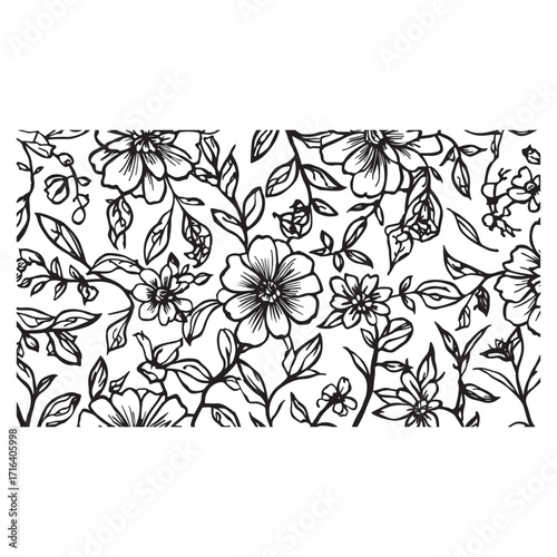 Hand drawn black and white floral pattern with delicate flowers and leaves in a vintage botanical illustration style