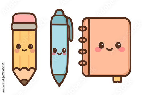 Cute kawaii stationery set with pencil, pen, notebook icons. Vector cartoon characters for back to school supplies, education, and learning. Adorable happy office mascots.