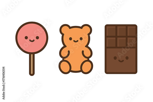 Cute candy character collection. Minimalist kawaii vector icons of a lollipop, gummy bear, and chocolate bar. Happy sweet dessert food illustration set for kids.
