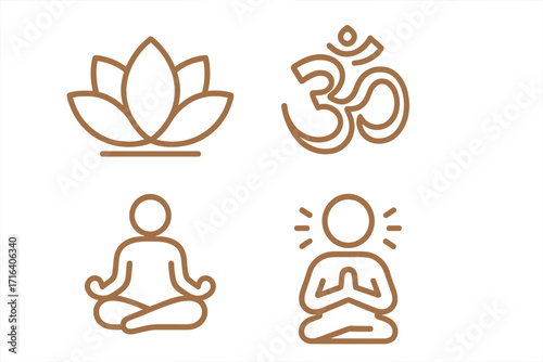 Minimalist yoga and meditation icons with lotus flower, Om symbol, mindfulness poses, spiritual practice, wellness concept, calming vector set, zen illustration, transparent background