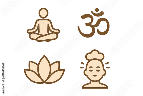Minimalist yoga and meditation icons with lotus flower, Om symbol, mindfulness and peaceful contemplation elements, simple cartoon vector set for wellness and spiritual design