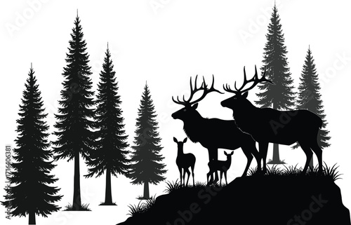 Forest deer silhouette, antlered bucks, conifer trees, wildlife scene, nature illustration, black design